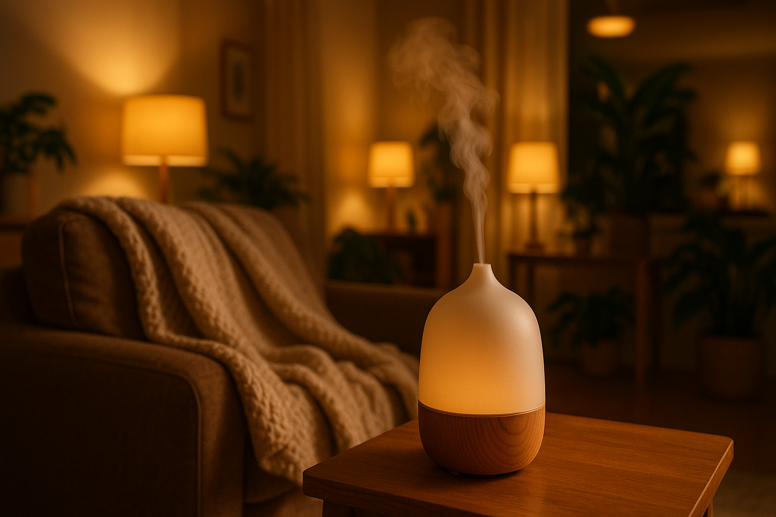 cozy living room with warm lighting, diffuser on a self soft blanket on a chair